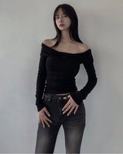 【歐美風一字領Top】 Leaf Twisted Long Sleeve Off Shoulder Top