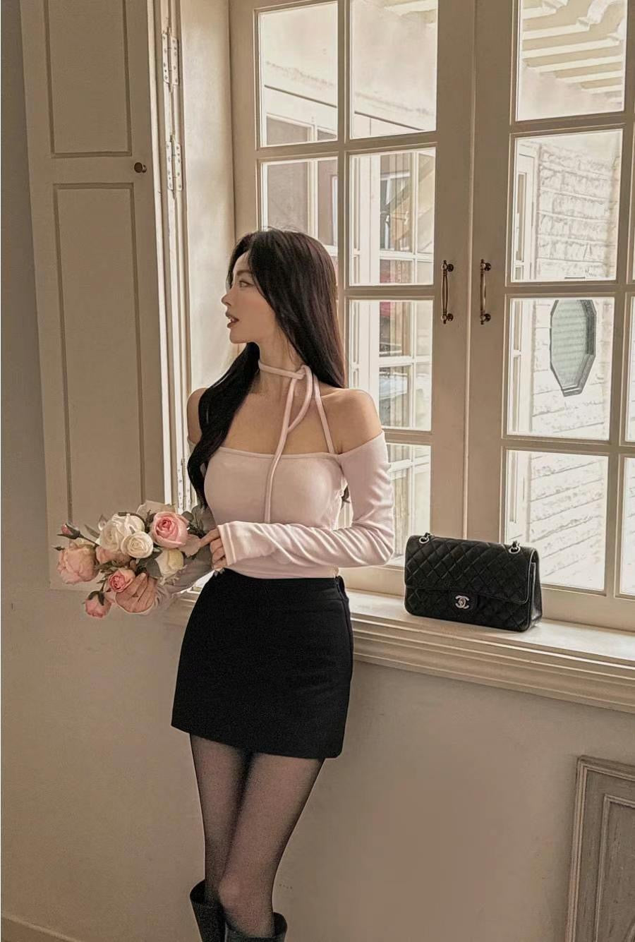 【$99系列｜ 一字領綁帶款】Basic Solid Tie Back Long Sleeve Top