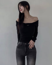 【歐美風一字領Top】 Leaf Twisted Long Sleeve Off Shoulder Top