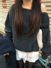 【歐美感針織Top】Ribbed Off Shoulder Cardigan