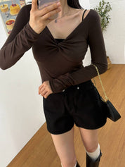【扭結長袖Top】 Basic Solid Twisted Long Sleeve Top