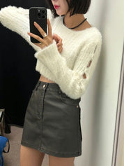 Solid Fluffy Hollow Out Crop Top