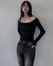 【歐美風一字領Top】 Leaf Twisted Long Sleeve Off Shoulder Top