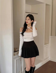 【$99系列｜ 一字領綁帶款】Basic Solid Tie Back Long Sleeve Top