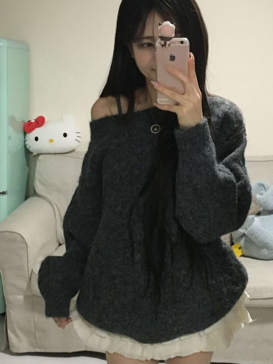 【麻花單肩針織Top】Cable Ribbed Off Shoulder Cardigan