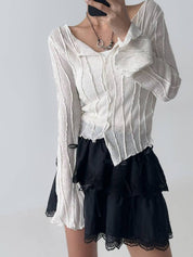 【直紋質感薄長袖🎐】Textured See Through Top