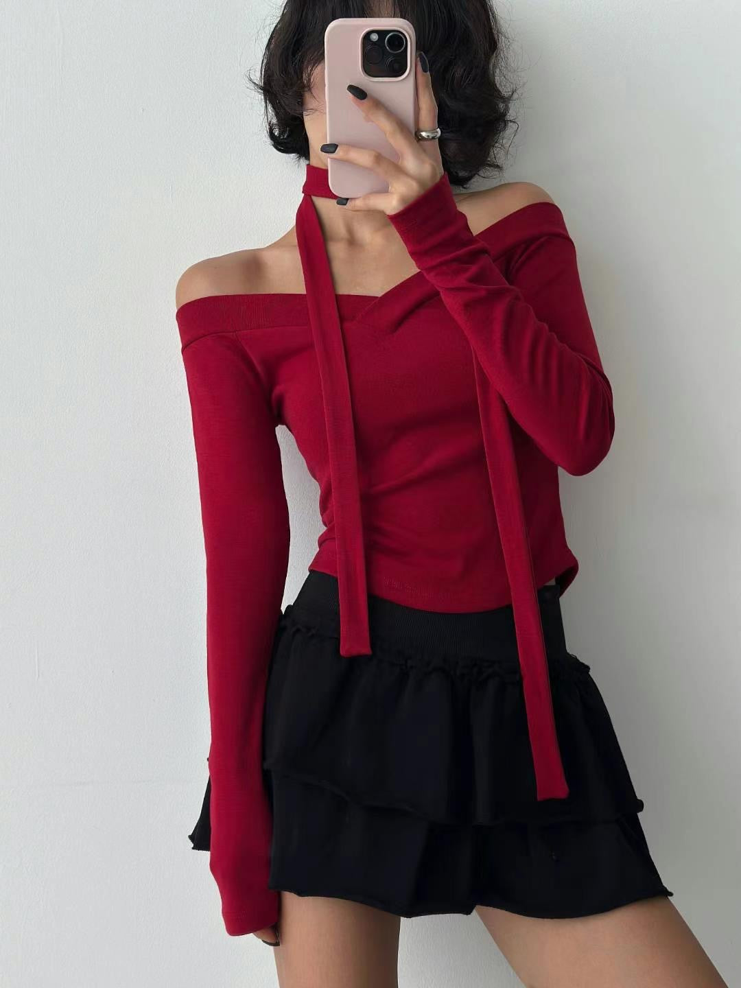 【V領更顯瘦～】Solid V Neck Crop Top with Scarf Set