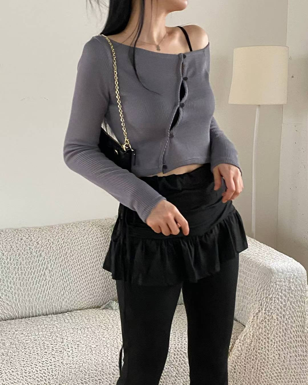 【單肩長袖Crop Top】 Sheri Unbalanced Long Sleeve Crop Top