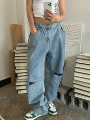 【可調節腰圍！】2 Cut Solid Straight Wide Jeans