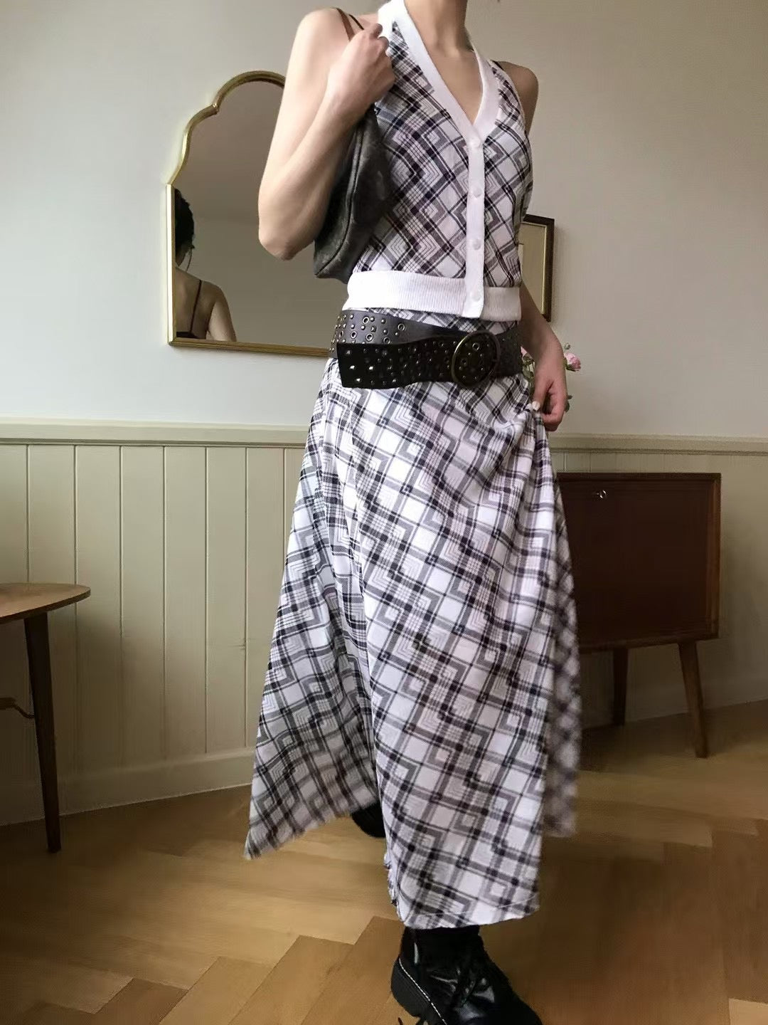 【復古美式女生必入】Button Front Checkered Halter Top