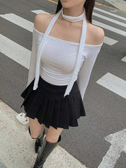 【小性感！】Solid Off Shoulder With Scarf Set