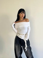 【型格首選！】Ruffle Solid Off Shoulder Top