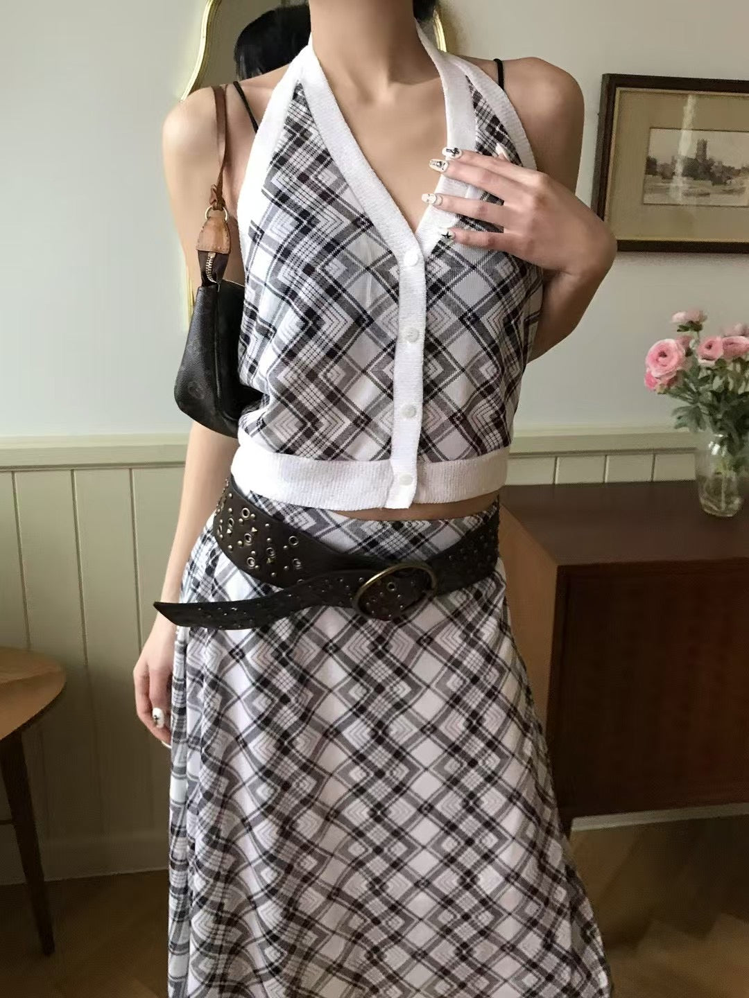 【復古美式女生必入】Button Front Checkered Halter Top