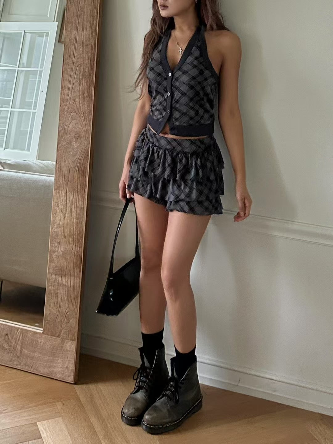 【復古美式女生必入】Button Front Checkered Halter Top
