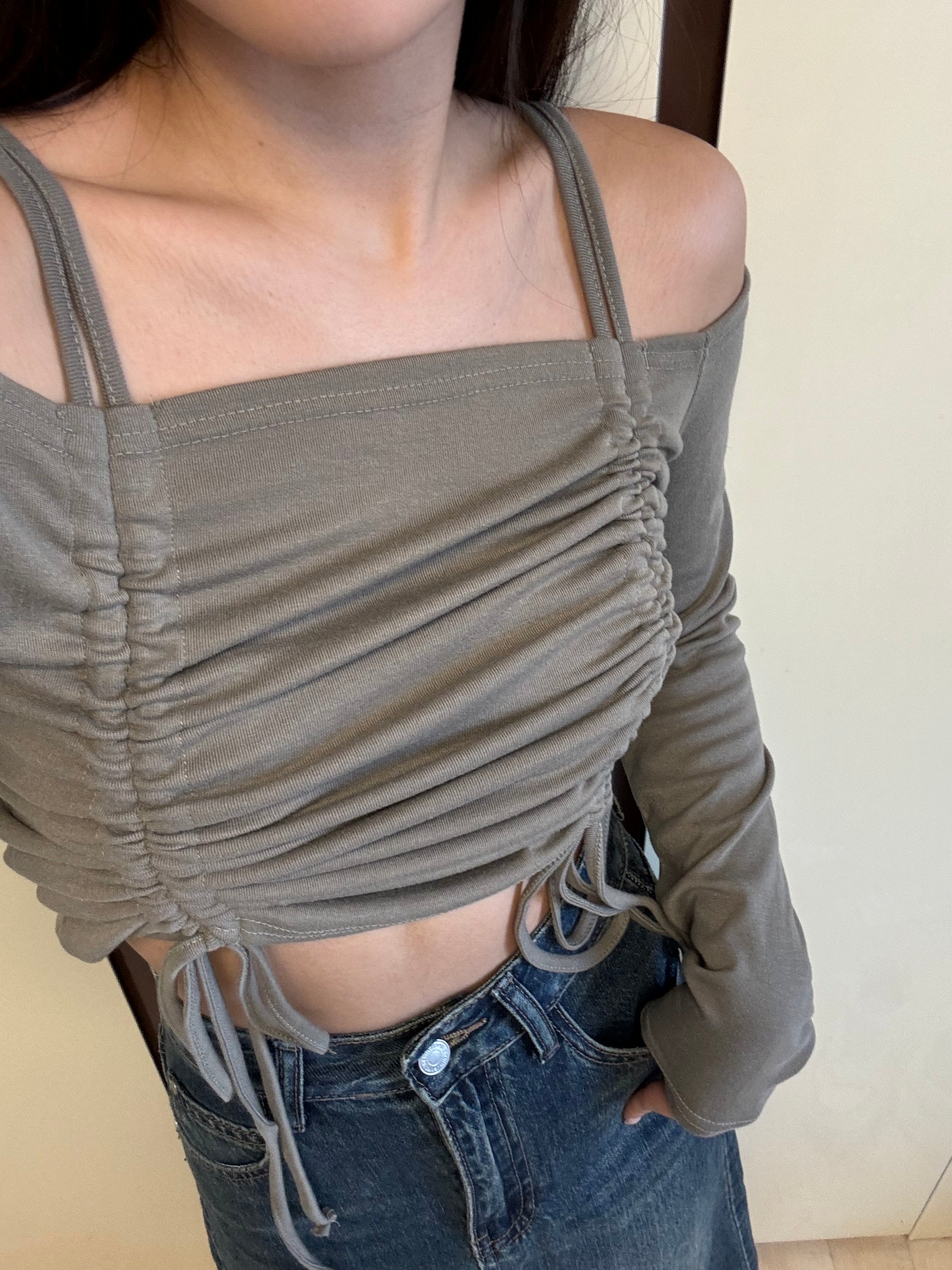 Double Strap Ruffle Long Sleeve Crop Top