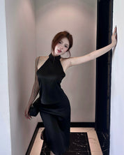 Black Silk Halter Two-Piece Set