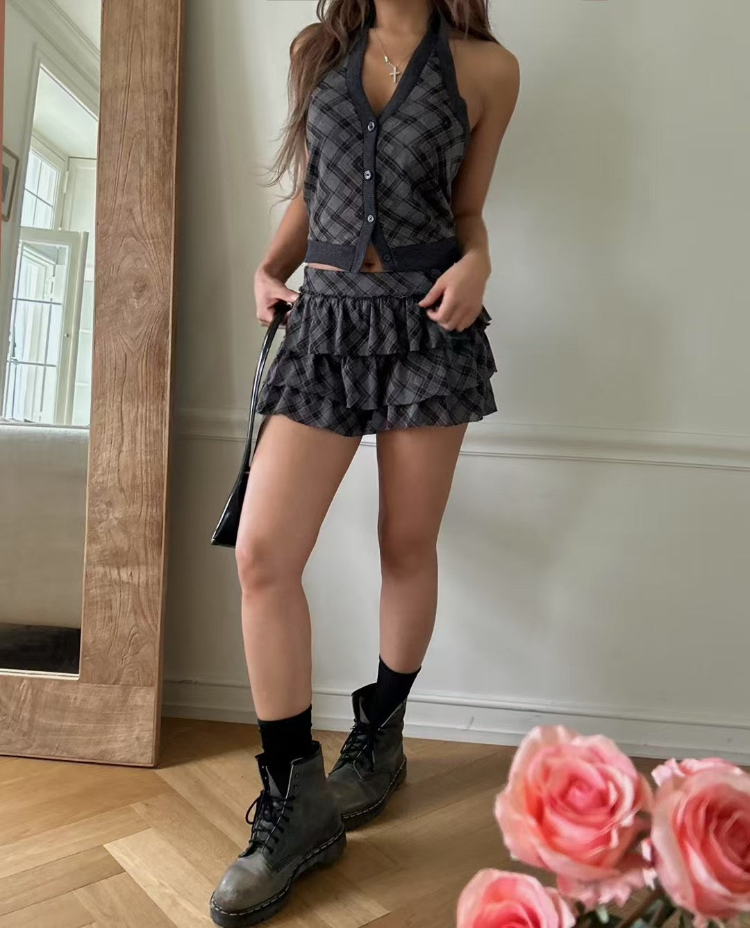 【復古美式女生必入】Button Front Checkered Halter Top