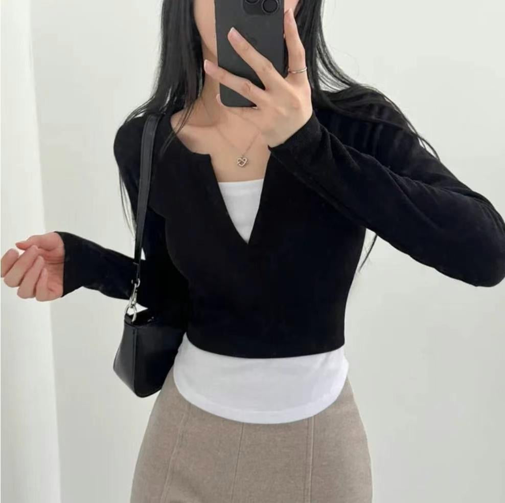 【假兩件長袖Crop Top】 Layered Long Sleeve Crop Top