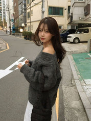 【麻花單肩針織Top】Cable Ribbed Off Shoulder Cardigan