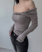 【歐美風一字領Top】 Leaf Twisted Long Sleeve Off Shoulder Top