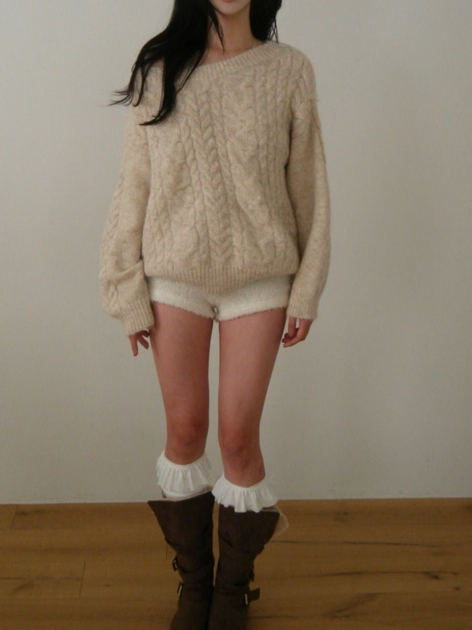 【麻花單肩針織Top】Cable Ribbed Off Shoulder Cardigan