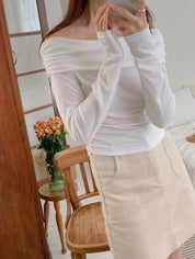 【基礎款一字領Top｜$99系列】 Basic Solid Ruched Side Off Shoulder Top