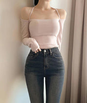 【$99系列｜ 一字領綁帶款】Basic Solid Tie Back Long Sleeve Top