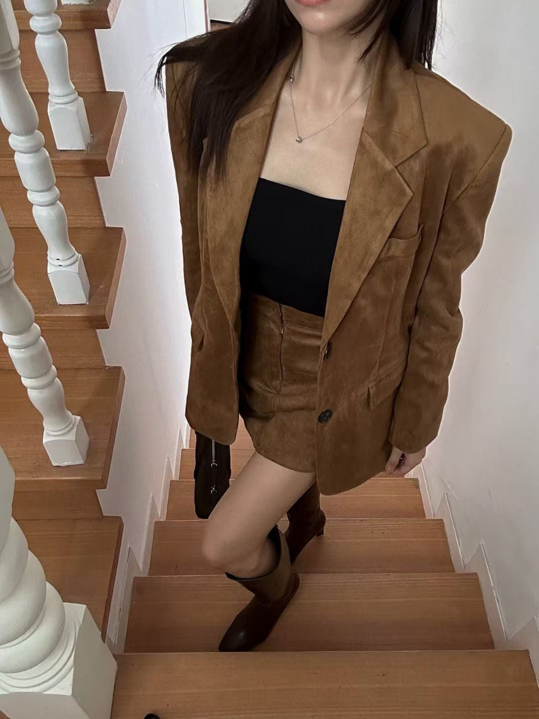 【麂皮西裝套裝｜可分開入手】Solid Suede Pocket Blazer Set