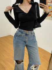【扭結長袖Top】 Basic Solid Twisted Long Sleeve Top