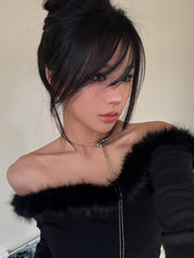 【千禧辣妹style🩶】Fluffy Melo Off Shoulder Top