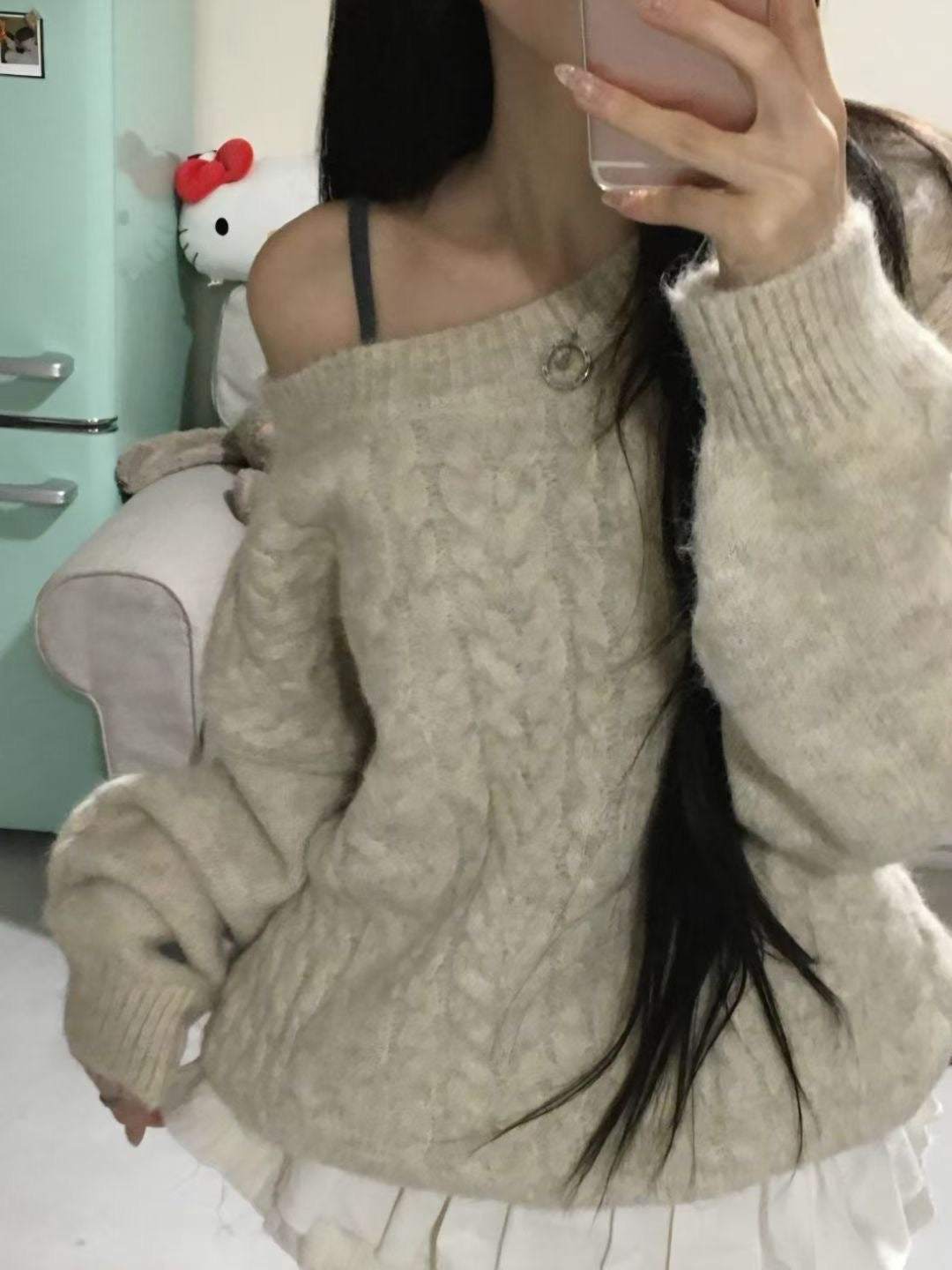 【麻花單肩針織Top】Cable Ribbed Off Shoulder Cardigan