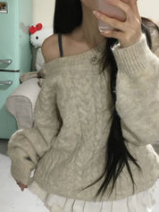 【麻花單肩針織Top】Cable Ribbed Off Shoulder Cardigan