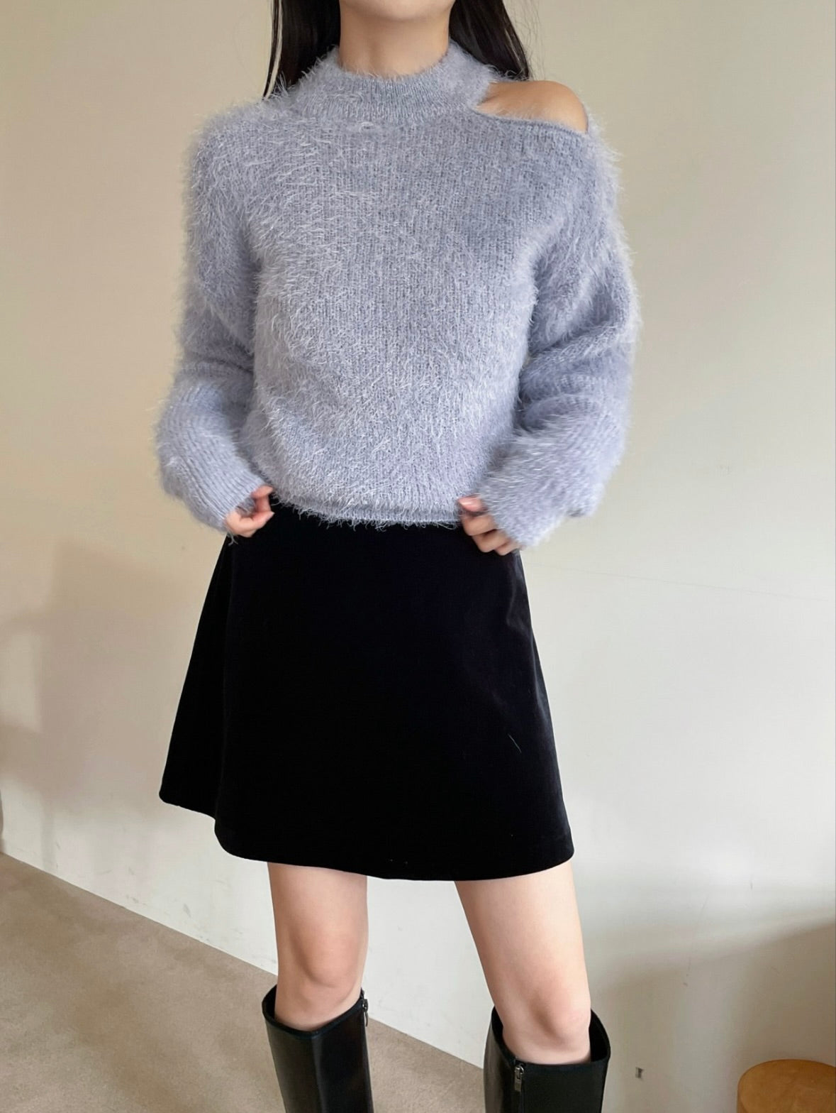 【海馬毛毛冷衫】Fluffy Solid Shoulder Cut Cardigan