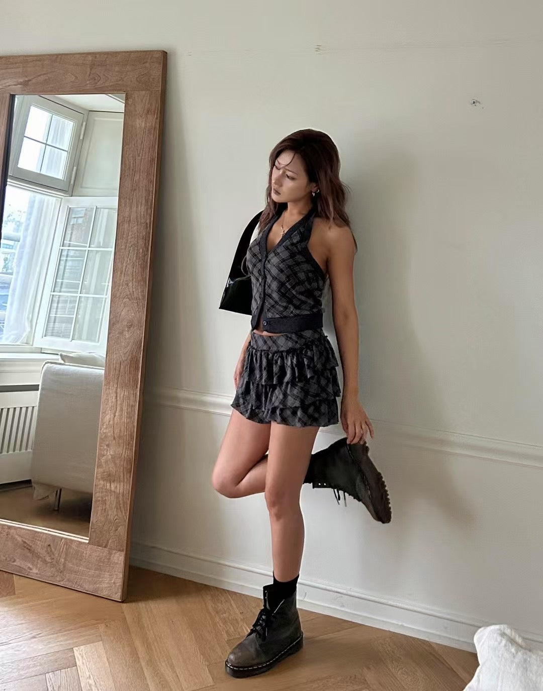 【復古美式女生必入】Button Front Checkered Halter Top