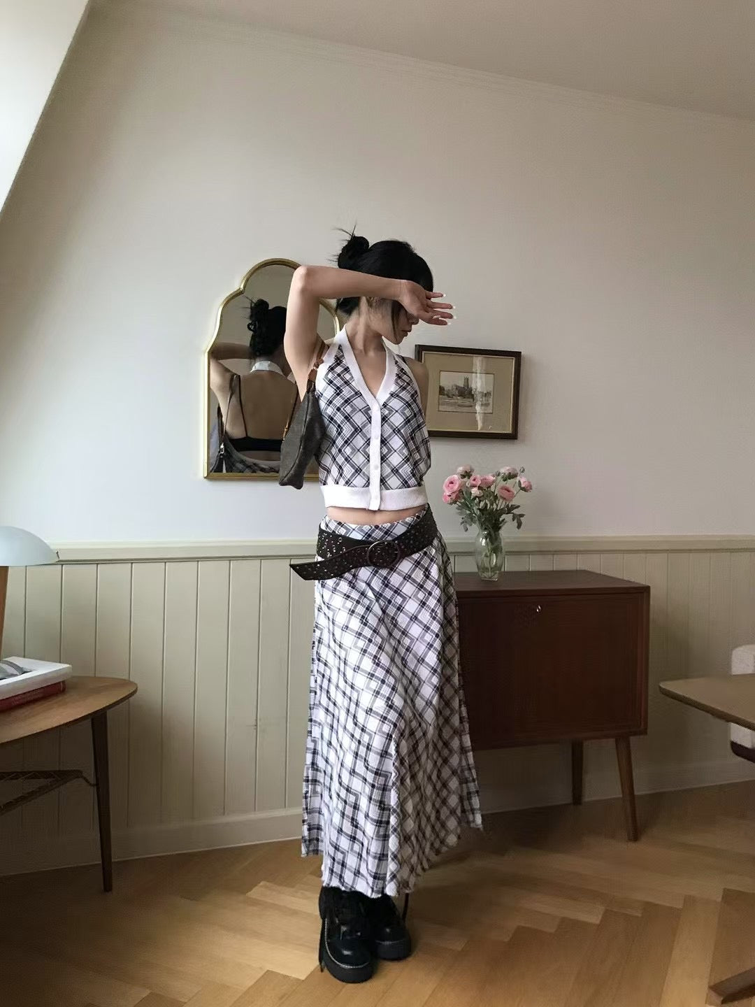 【復古美式女生必入】Button Front Checkered Halter Top