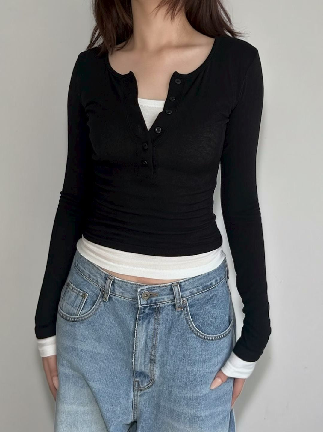【假兩件長䄂Top🎶】Double Layered Button Front Long Sleeve Top
