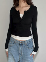 【假兩件長䄂Top🎶】Double Layered Button Front Long Sleeve Top