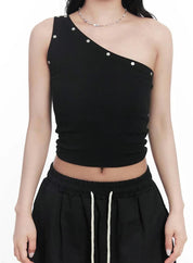 【單肩Crop Top!!】Single Shoulder Rivet Crop Top