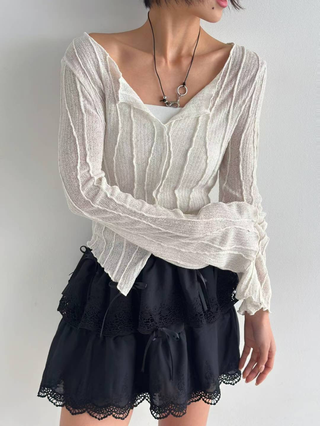 【直紋質感薄長袖🎐】Textured See Through Top