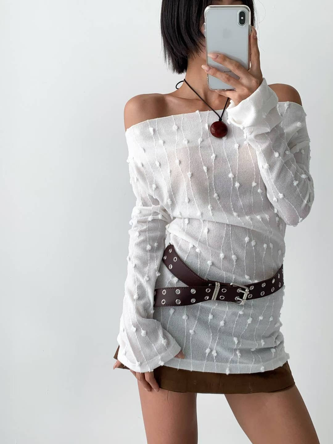 【粒粒薄長袖top👀】Solid Textured Off Shoulder Top