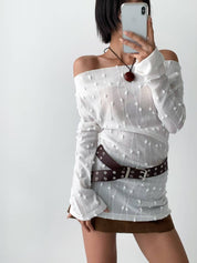 【粒粒薄長袖top👀】Solid Textured Off Shoulder Top