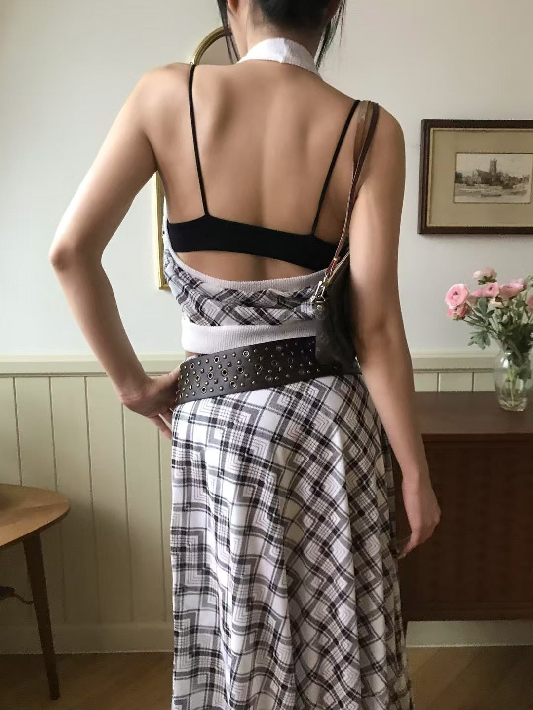 【復古美式女生必入】Button Front Checkered Halter Top