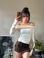 【千禧辣妹style🩶】Fluffy Melo Off Shoulder Top