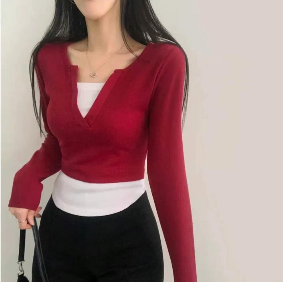 【假兩件長袖Crop Top】 Layered Long Sleeve Crop Top