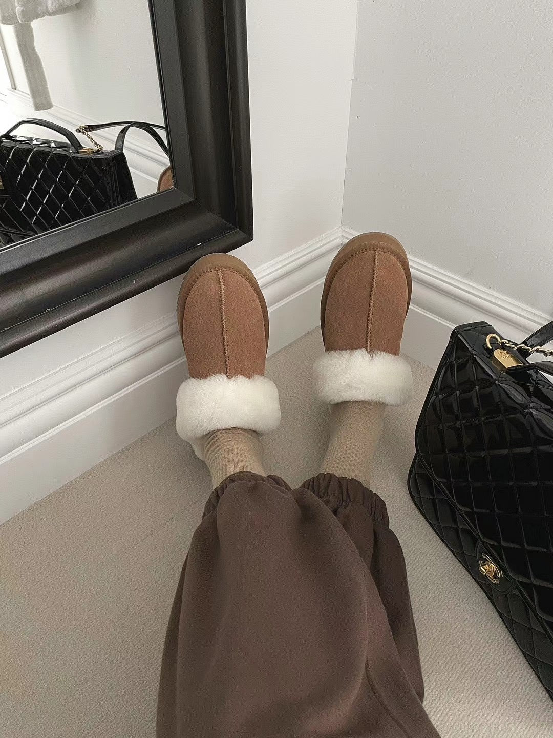 【真牛皮 真羊毛🦙】Fluffy Platform Leather Slippers