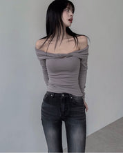 【歐美風一字領Top】 Leaf Twisted Long Sleeve Off Shoulder Top