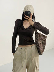 【扭結長袖Top】 Basic Solid Twisted Long Sleeve Top