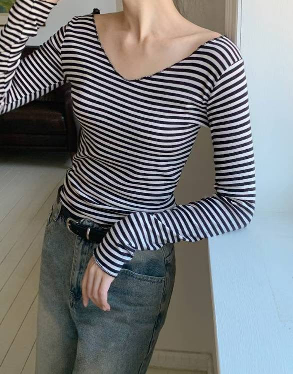 【歐美風V領橫間T｜$99系列】V Neck Striped T Shirt