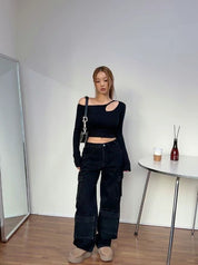 Solid Shoulder Cut Crop Top