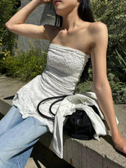 【歐美風平口繡花短裙】Solid Lace Tube Top Dress